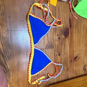 SHEIN Blue Triangle Bikini Top with Yellow & Red Trim